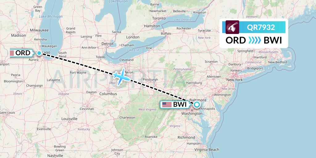 QR7932 Qatar Airways Flight Map: Chicago to Baltimore
