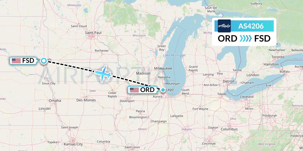 AS4206 Alaska Airlines Flight Map: Chicago to Sioux Falls