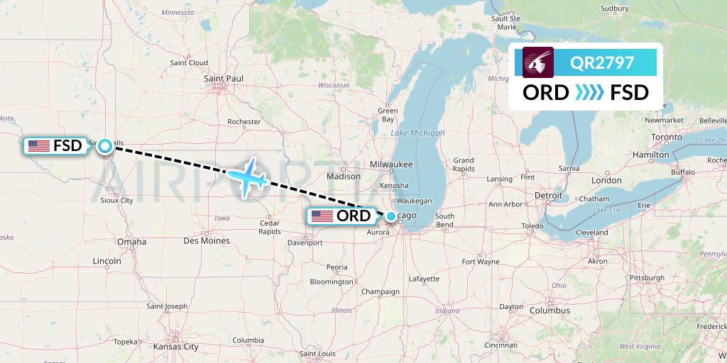 QR2797 Qatar Airways Flight Map: Chicago to Sioux Falls