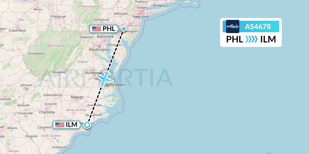 AS4678 Alaska Airlines Flight Map: Philadelphia to Wilmington