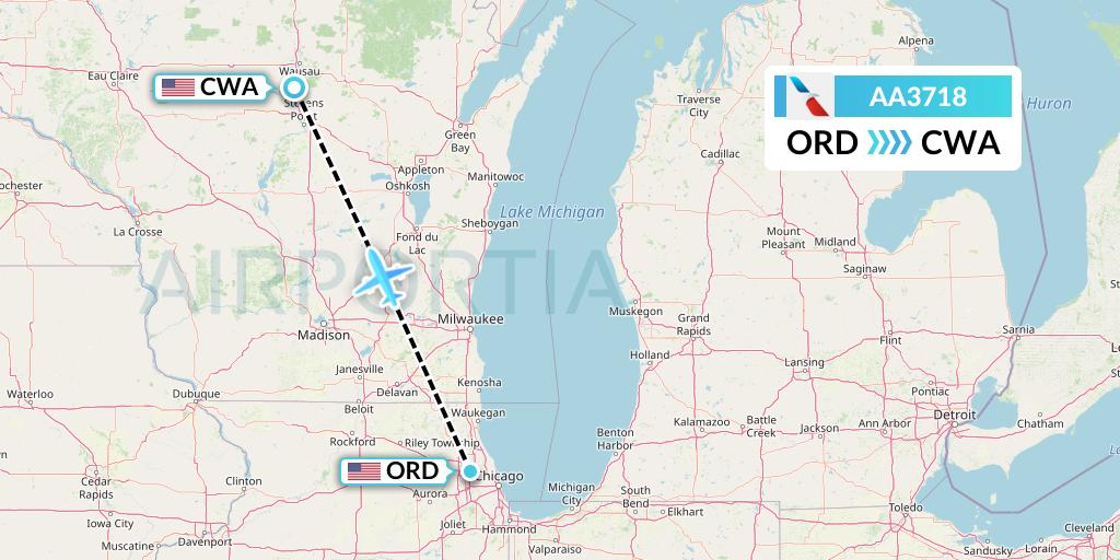 AA3718 American Airlines Flight Map: Chicago to Wausau