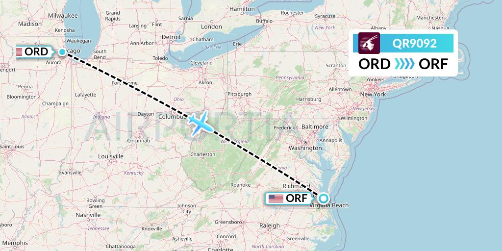 QR9092 Qatar Airways Flight Map: Chicago to Norfolk