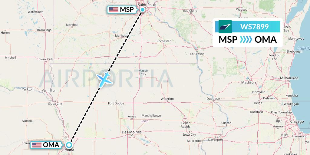 WS7899 WestJet Flight Map: Minneapolis to Omaha