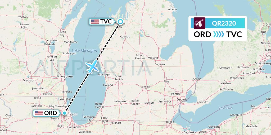 QR2320 Qatar Airways Flight Map: Chicago to Traverse City