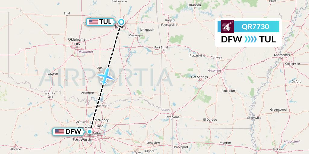 QR7730 Qatar Airways Flight Map: Dallas to Tulsa