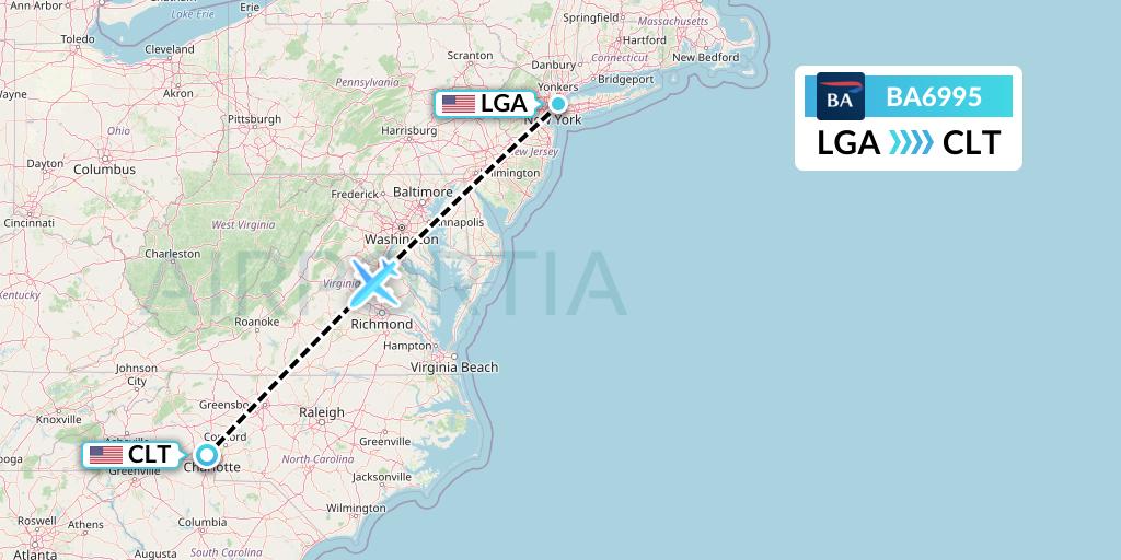 BA6995 British Airways Flight Map: New York to Charlotte