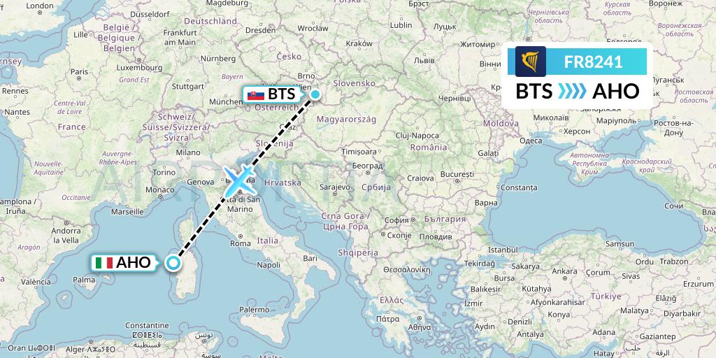 FR8241 Ryanair Flight Map: Bratislava to Alghero