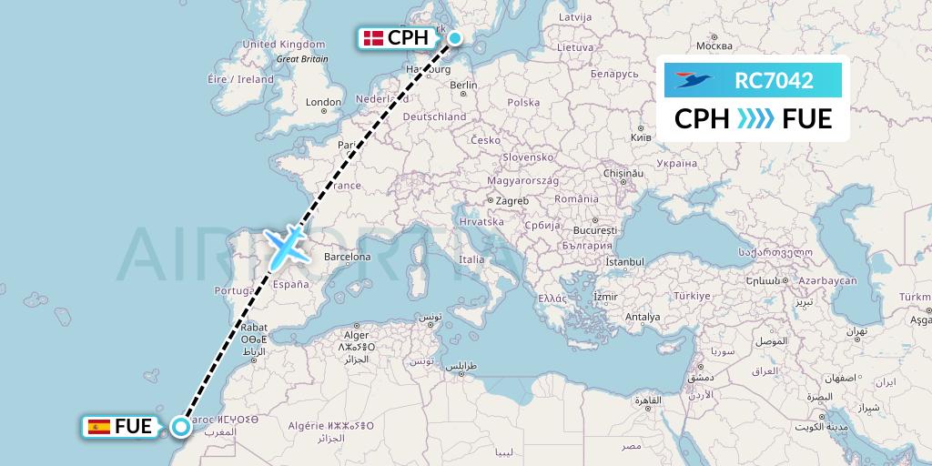 RC7042 Atlantic Airways Flight Map: Copenhagen to Fuerteventura