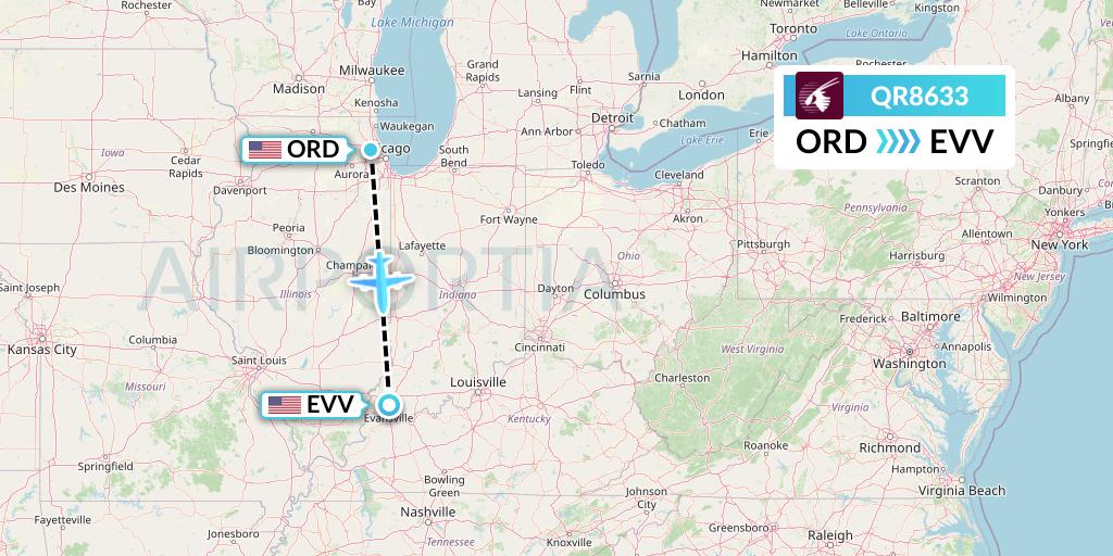 QR8633 Qatar Airways Flight Map: Chicago to Evansville