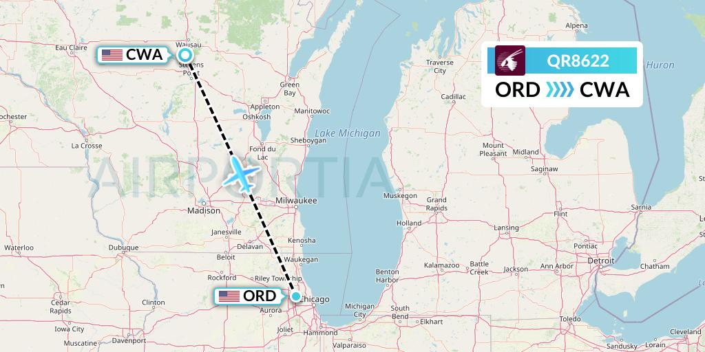 QR8622 Qatar Airways Flight Map: Chicago to Wausau
