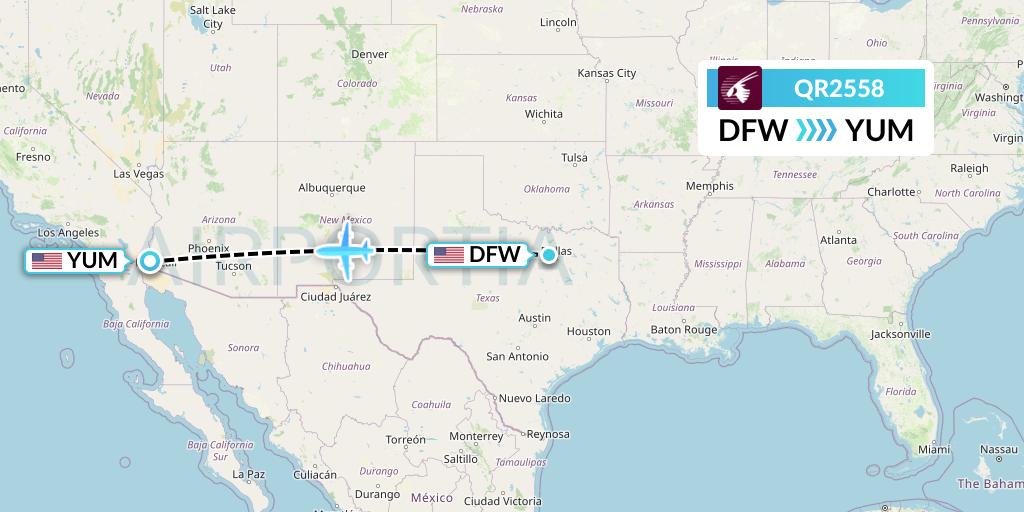 QR2558 Qatar Airways Flight Map: Dallas to Yuma