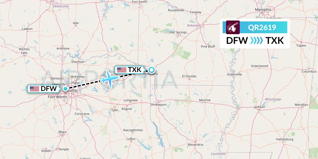 QR2619 Qatar Airways Flight Map: Dallas to Texarkana