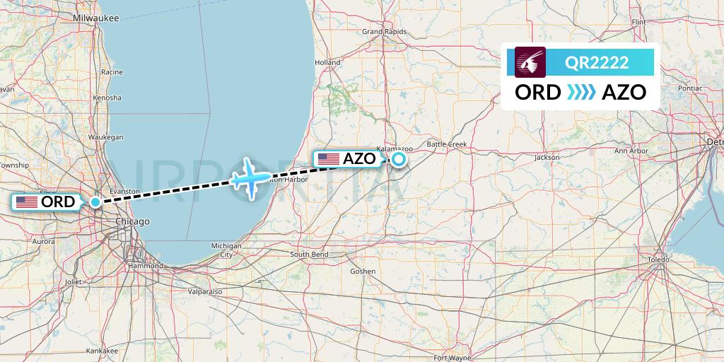QR2222 Qatar Airways Flight Map: Chicago to Kalamazoo