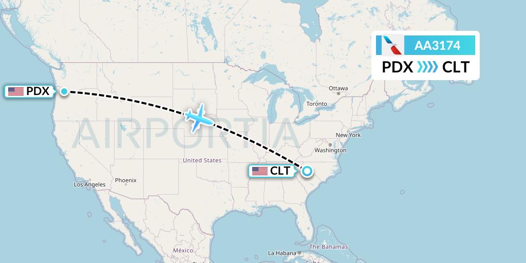 AA3174 American Airlines Flight Map: Portland to Charlotte