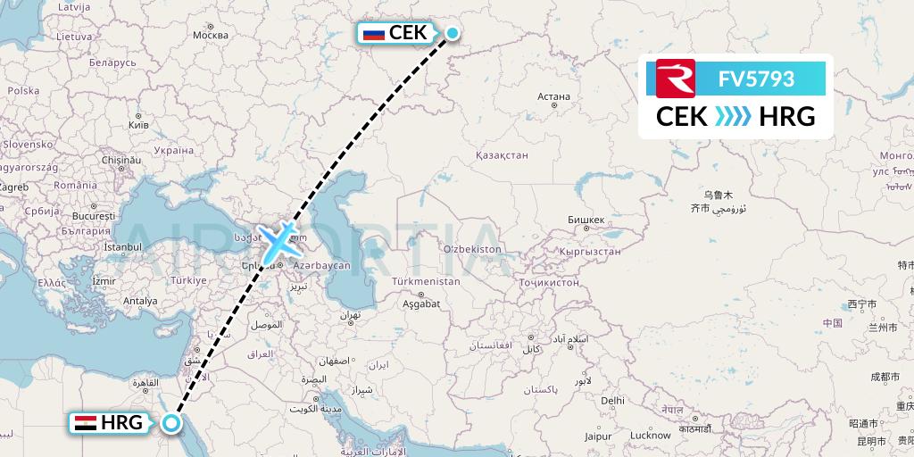 FV5793 Rossiya Flight Map: Chelyabinsk to Hurghada