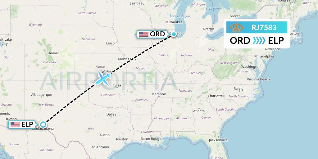 RJ7583 Royal Jordanian Flight Map: Chicago to El Paso