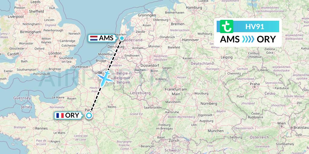 HV91 Transavia Flight Map: Amsterdam to Paris