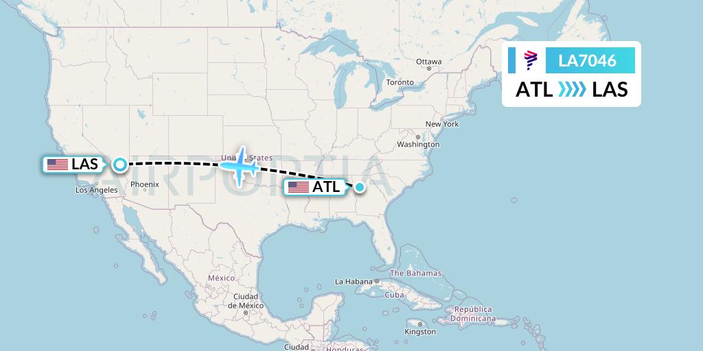 LA7046 LAN Airlines Flight Map: Atlanta to Las Vegas