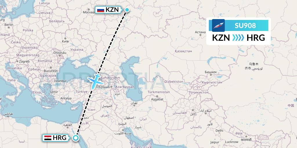 SU908 Aeroflot Flight Map: Kazan to Hurghada