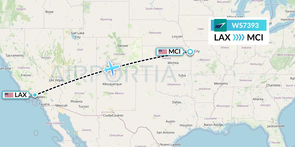 WS7393 WestJet Flight Map: Los Angeles to Kansas City