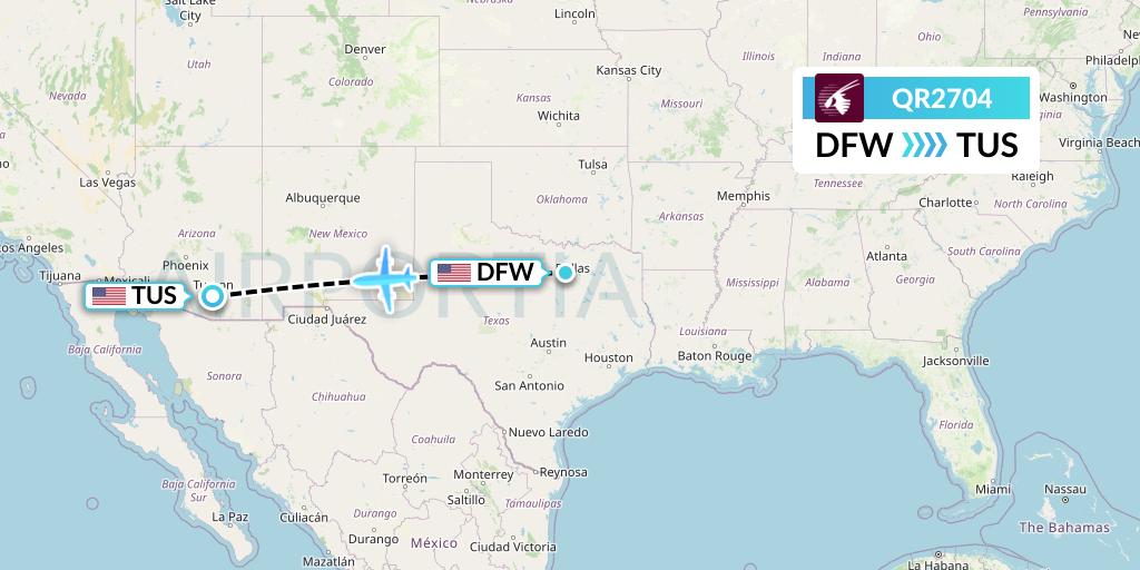 QR2704 Qatar Airways Flight Map: Dallas to Tucson