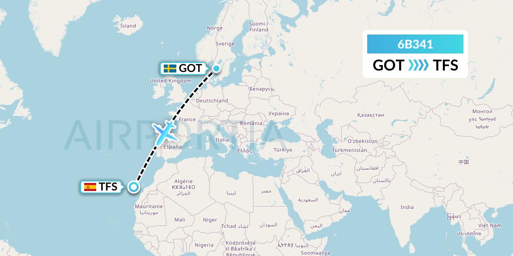 6B341 TUI fly Nordics Flight Map: Gothenburg to Tenerife