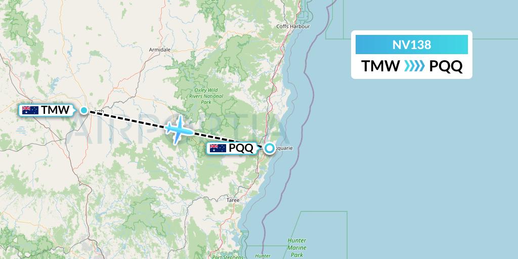 NV138 Naft Airlines Flight Map: Tamworth to Port Macquarie