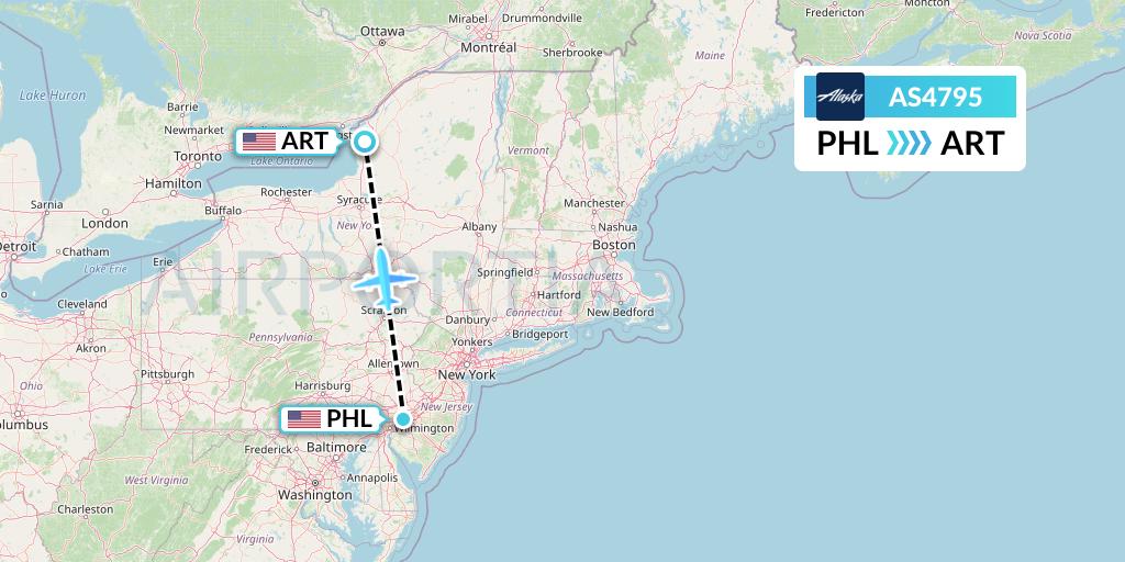 AS4795 Alaska Airlines Flight Map: Philadelphia to Watertown