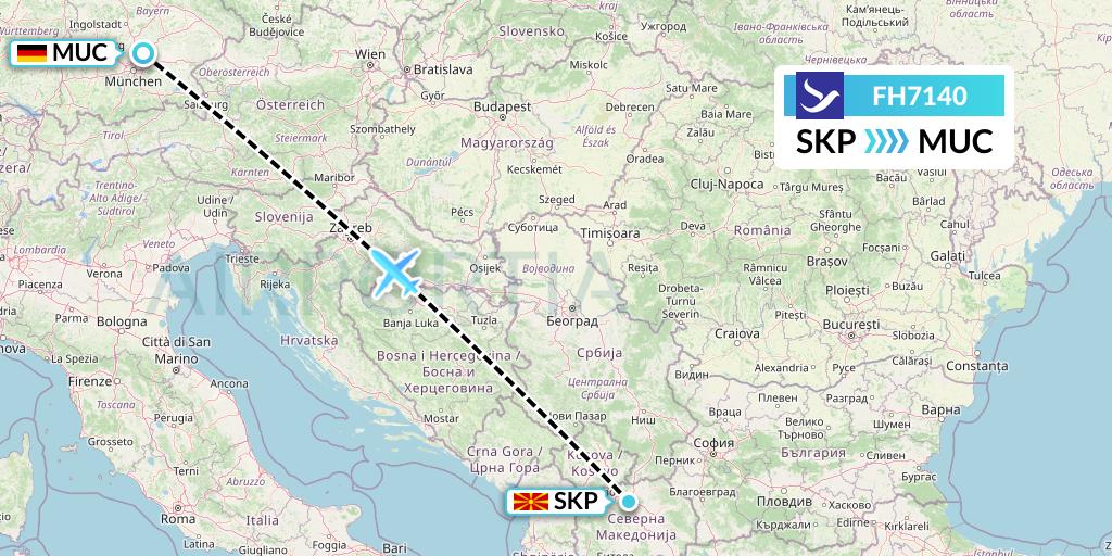 FH7140 Freebird Airlines Flight Map: Skopje to Munich