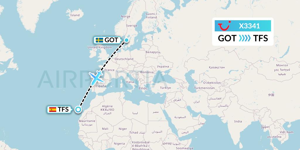 X3341 TUI fly Germany Flight Map: Gothenburg to Tenerife