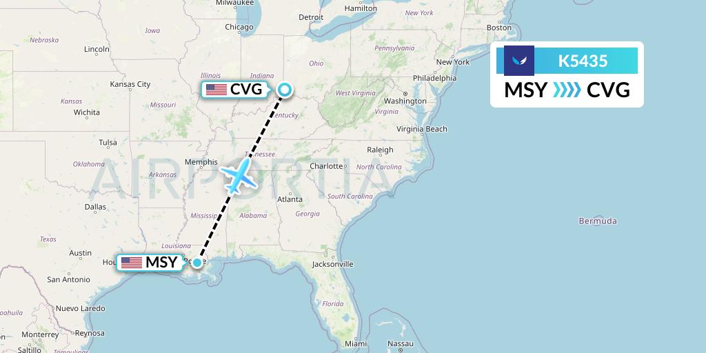 K5435 SeaPort Airlines Flight Map: New Orleans to Cincinnati