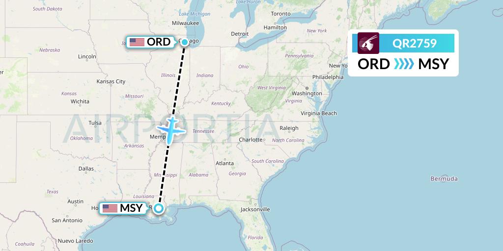QR2759 Qatar Airways Flight Map: Chicago to New Orleans