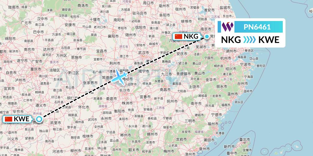 PN6461 China West Air Flight Map: Nanjing to Guiyang