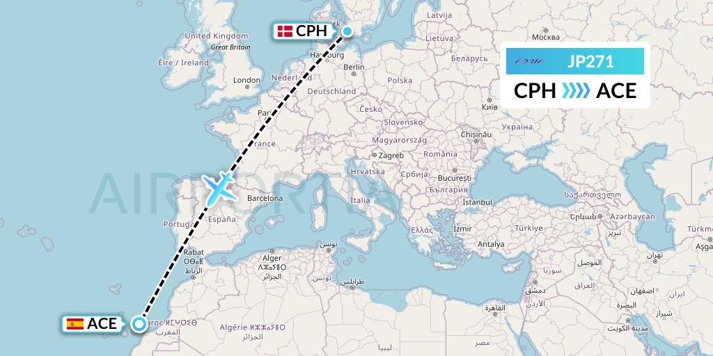 JP271 Adria Airways Flight Map: Copenhagen to Lanzarote