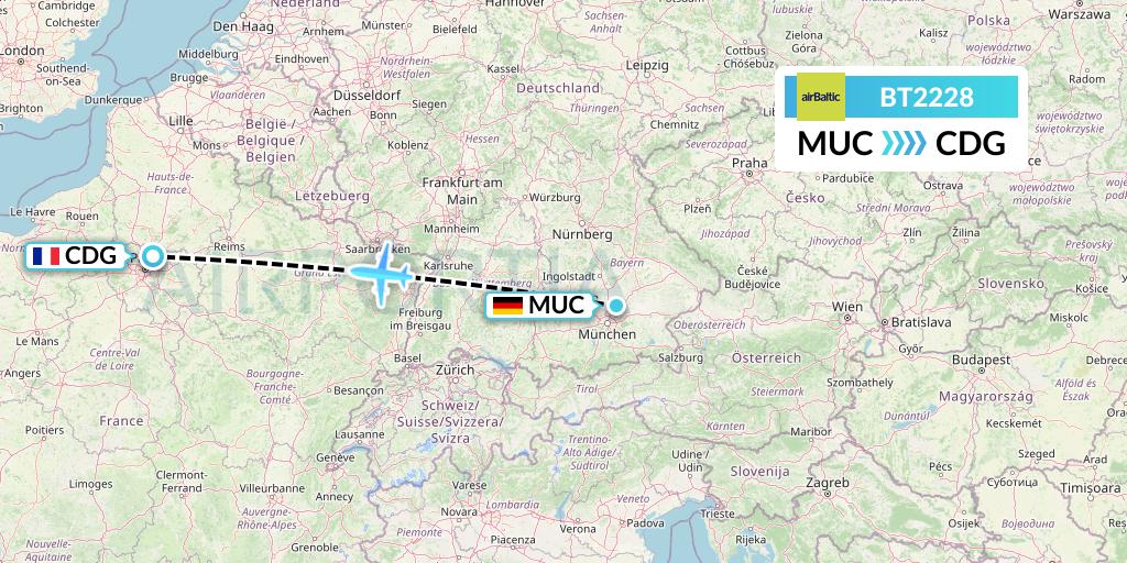 BT2228 Air Baltic Flight Map: Munich to Paris