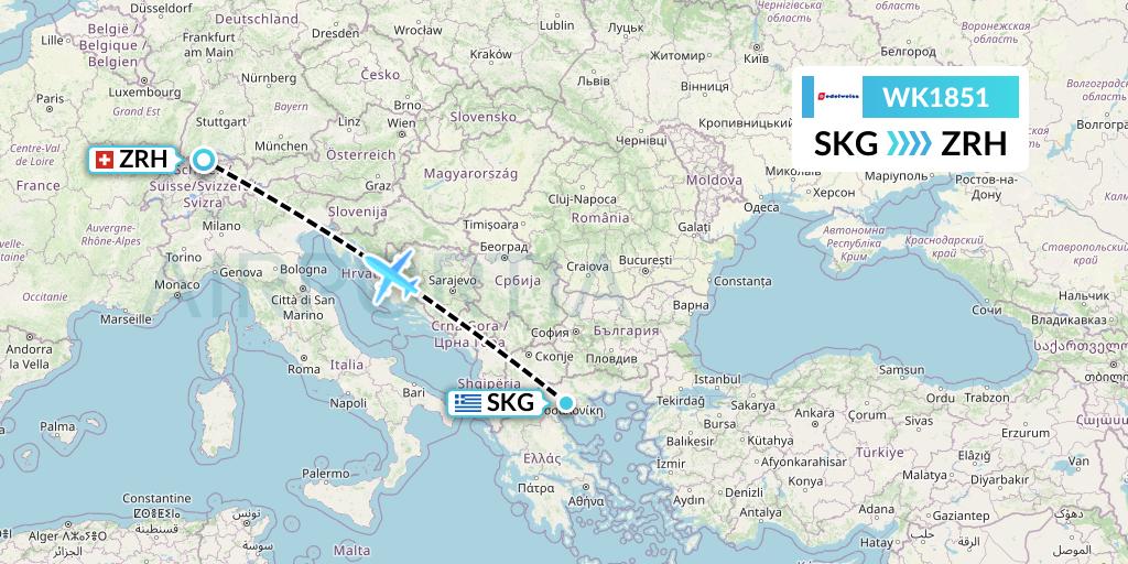 WK1851 Edelweiss Air Flight Map: Thessaloniki to Zurich