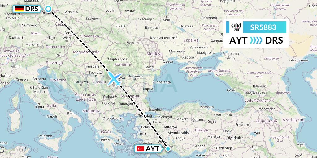 SR5883 SundAir Flight Map: Antalya to Dresden