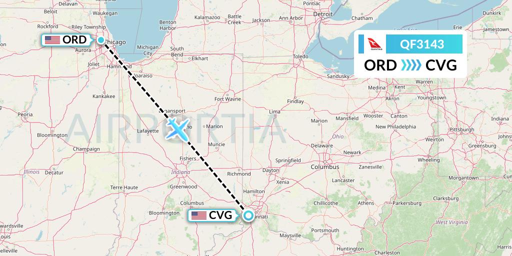 QF3143 Qantas Flight Map: Chicago to Cincinnati