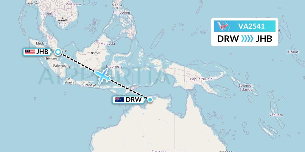 VA2541 Virgin Australia Flight Map: Darwin to Johor Bahru