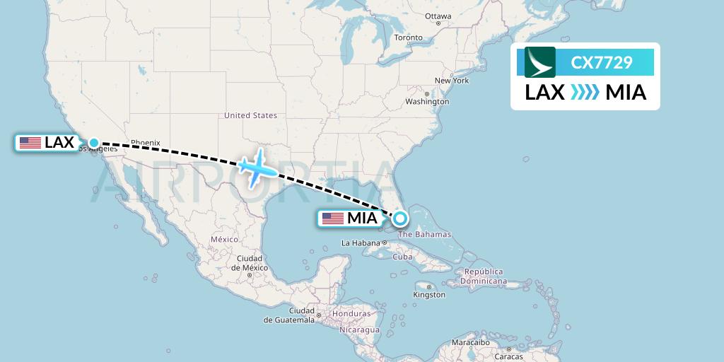 CX7729 Cathay Pacific Flight Map: Los Angeles to Miami