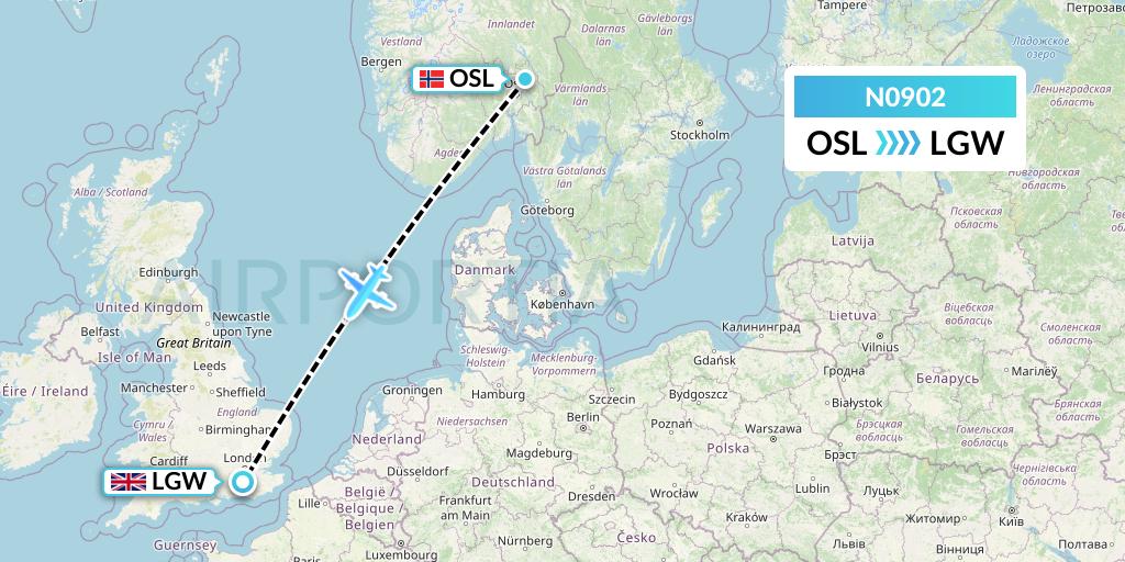N0902 Norse Atlantic Airways Flight Map: Oslo to London