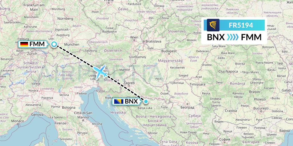 FR5194 Ryanair Flight Map: Banja Luka to Memmingen