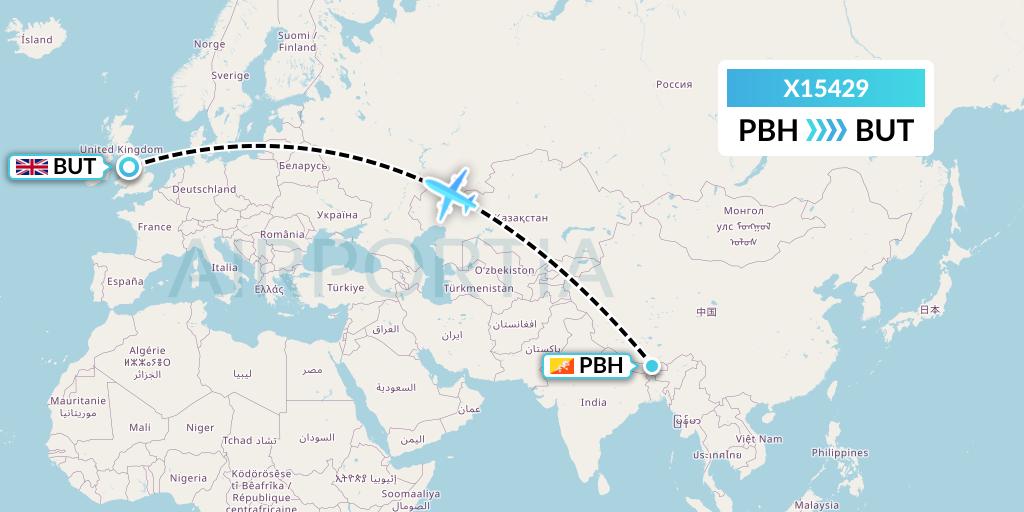 X15429 Nik Airways Flight Map: Paro to Burtonwood