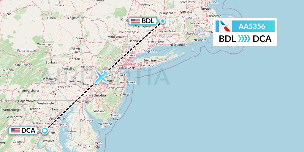 AA5356 American Airlines Flight Map: Windsor Locks to Washington
