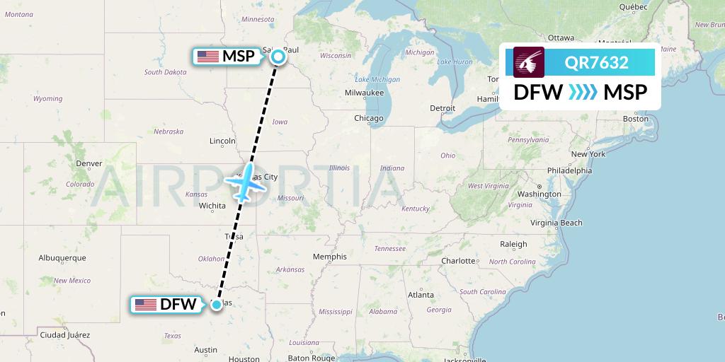 QR7632 Qatar Airways Flight Map: Dallas to Minneapolis