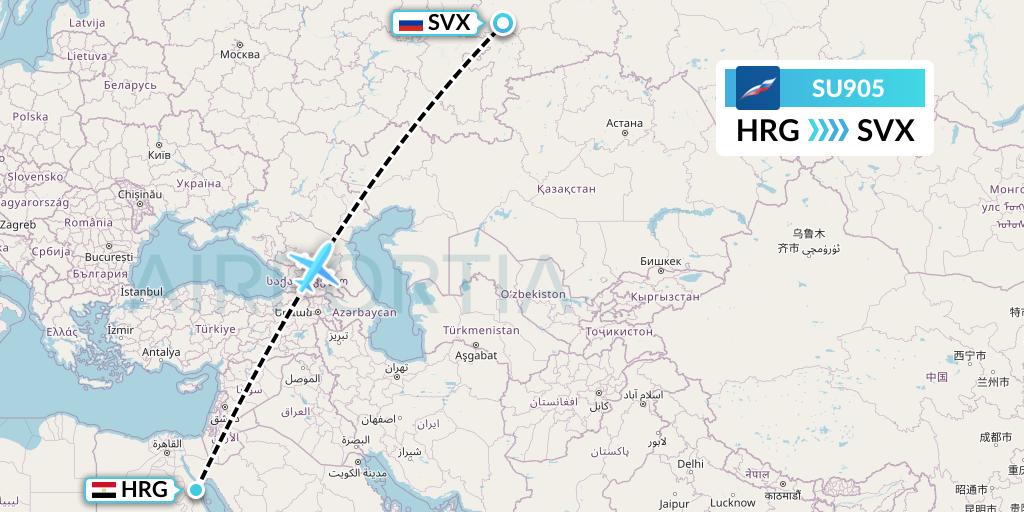 SU905 Aeroflot Flight Map: Hurghada to Yekaterinburg
