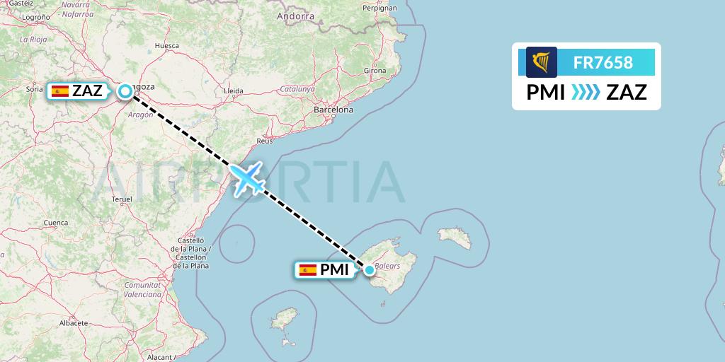 FR7658 Ryanair Flight Map: Palma de Mallorca to Zaragoza