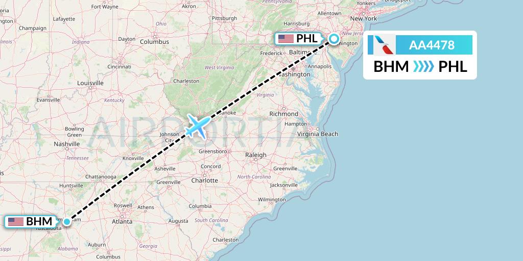 AA4478 American Airlines Flight Map: Birmingham to Philadelphia