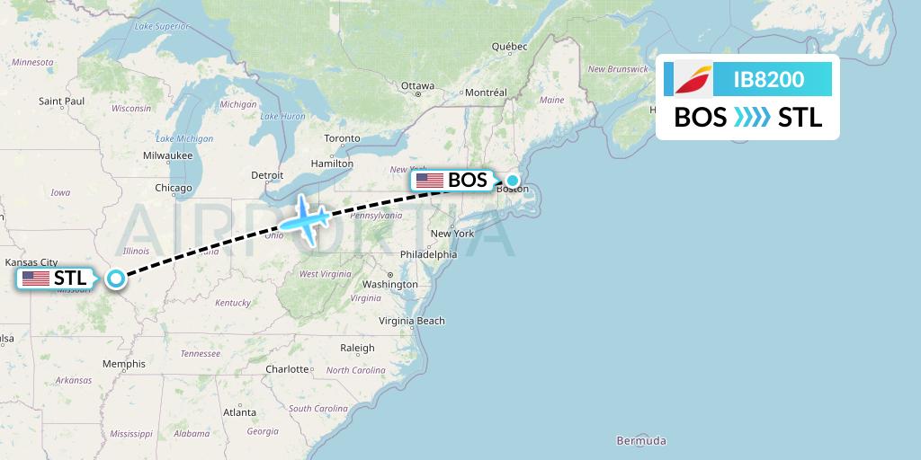 IB8200 Iberia Flight Map: Boston to St. Louis