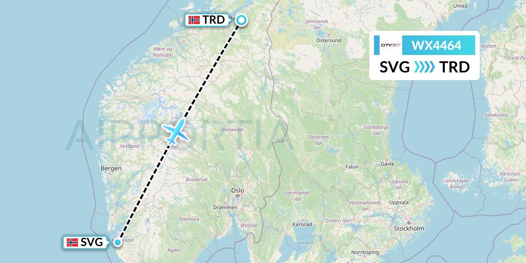 WX4464 Cityjet Flight Map: Stavanger to Trondheim